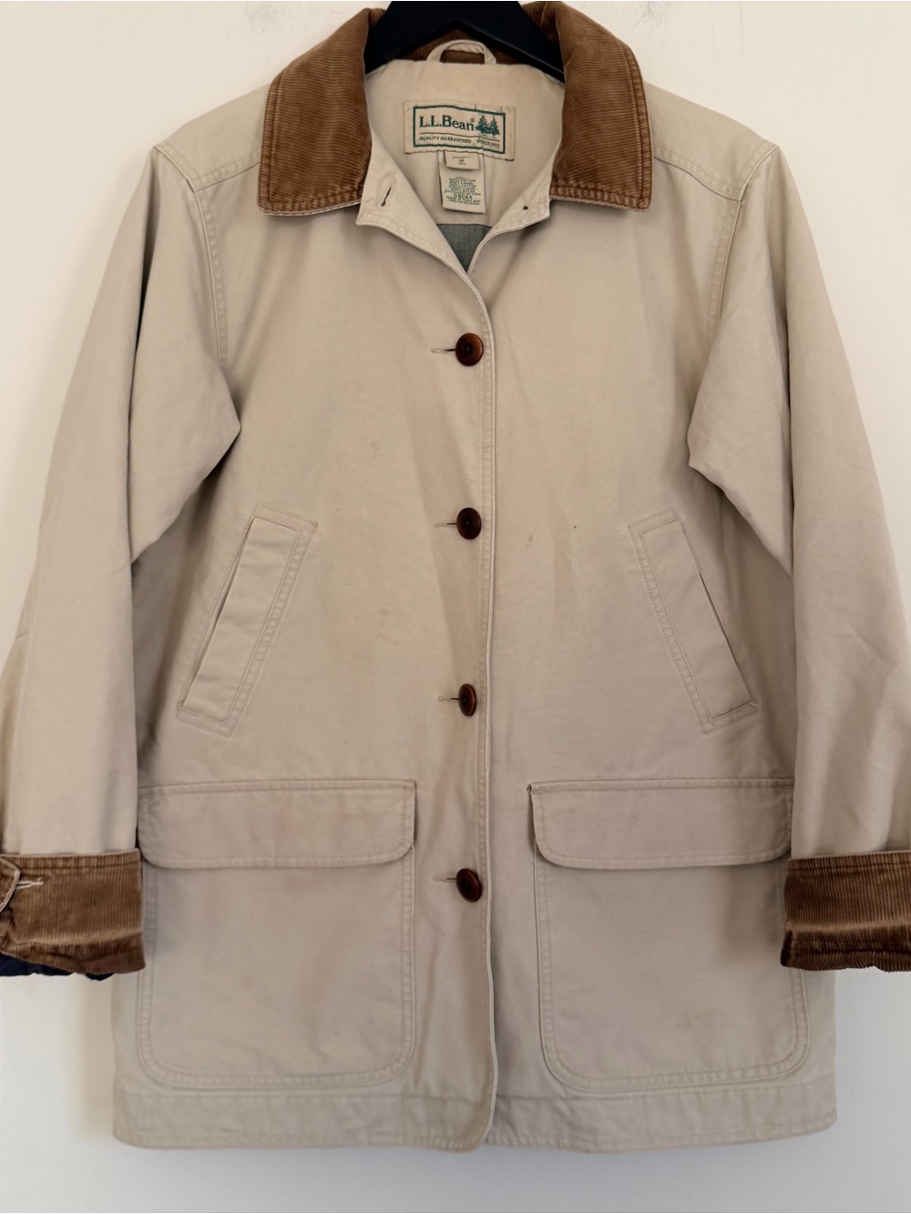 L.L. Bean Beige barn Jacket with Brown Corduroy Collar